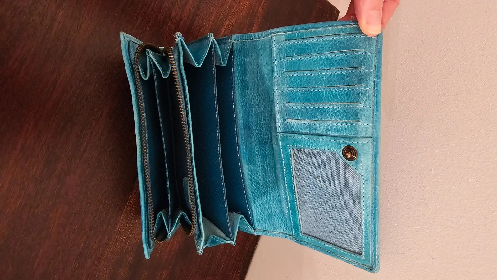 Portefeuille femme en cuir véritable bleu turquoise porte-cartes & porte-monnaie zippé – photo 3